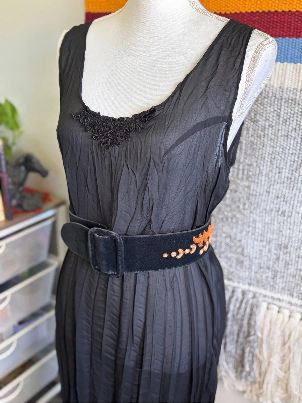 Vintage Black Belt with Orange Embroidered Floral Design